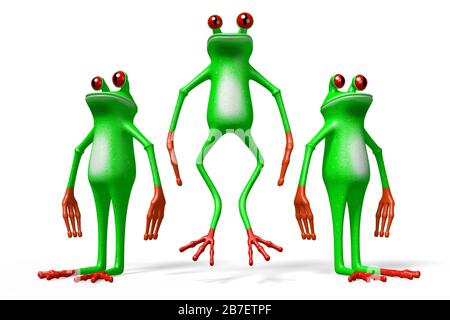3D-Zeichentrickfrösche - aus dem Konzept der Menge heraus. Stockfoto