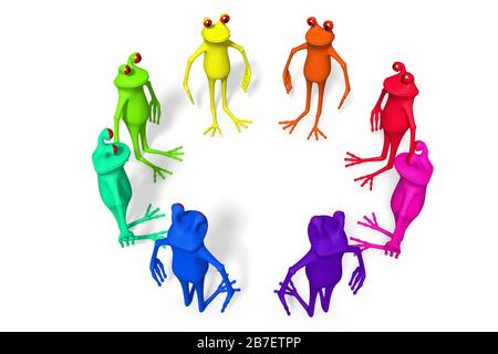 3D Cartoon Frogs - Teamwork-Konzept. Stockfoto