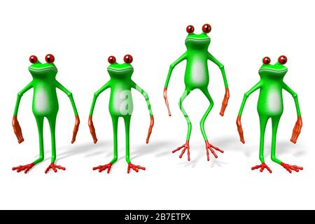3D-Zeichentrickfrösche - aus dem Konzept der Menge heraus. Stockfoto