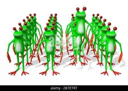 3D-Zeichentrickfrösche - aus dem Konzept der Menge heraus. Stockfoto