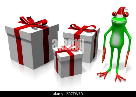 3D-Zeichentrickfrosch- und Geschenkschachteln - Christmas Konzept. Stockfoto