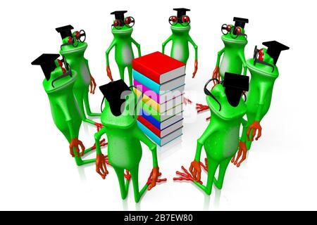 3D-Cartoon-Frösche und -Bücher - ideal für Themen wie Bildung, Lesen, Student, Bibliothek, Wissen usw. Stockfoto