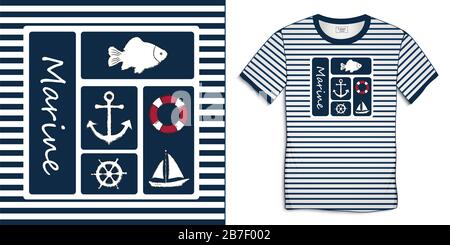 Druck auf T-Shirt Grafik Design Seemannsstreifen, nautische Ikonen Sammlungen Anker, Fischkarpfen, Segelboot, Ruder, Rettungswagen, isoliert auf weißem Rücken Stockfoto