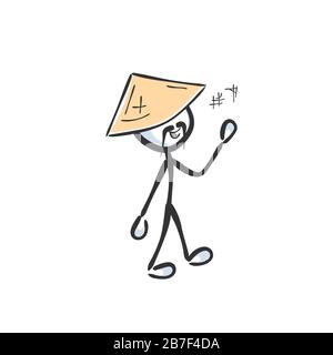 Glücklicher chinese mit Hut. Hand gezogen. Stickiger Zeichentrickfilm. Doodle Skizze, Vector Graphic Illustration Stock Vektor
