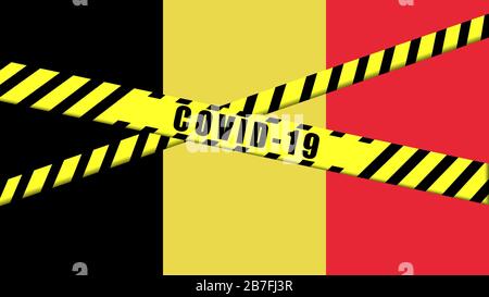 COVID-19 Warnband Schwarz und Gelb auf BELGIEN FLAGGENABBILDUNG, Coronavirus Gefahrenbereich, belgische Eindämmung, gesperrtes Land Stockfoto