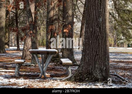 Ein schattiger Picknicktisch, der im Schnee in einem Park in Newport News, Virginia, nach einem Wintersturm bedeckt ist. Stockfoto