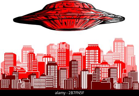 UFO-Einstellung in der Nachtstadt, Suche nach einem professionellen, außerirdischen Raumschiff, das über Wolkenkratzer und leere Straße in Megapolis mit hellem Strahl fliegt, Stock Vektor
