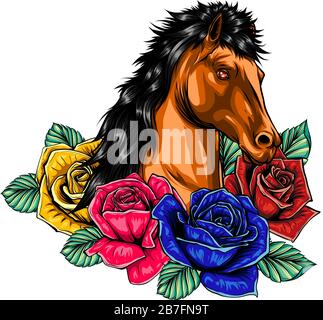 Vektorgrafiken. Porträt des weißen Pferdes mit goldenen Rosenblüten und Blättern auf weißem Hintergrund. Stock Vektor