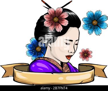 Geisha zwischen blühenden Blumen Vektorgrafiken Stock Vektor