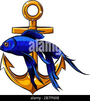 Ein Draw Anchor und Fischvektor illustrarion Stock Vektor