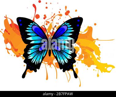 Dekorativer Wasserfarben-Grunge-Schmetterling für Ihr Design. Vektorgrafiken, handgezeichneter Schmetterling mit Flecken und Farbtropfen. Stock Vektor