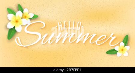 Sommerabdeckung. Plumeria blüht am Strand. Stilvoller Schriftzug für Ihr Design. Vektorgrafiken. EPS 10. Stock Vektor