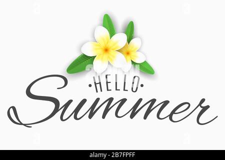 Sommer saisonaler Hintergrund. Plumeria Blumen und stilvoller Schriftzug für Ihr Design. Vektorgrafiken. EPS 10. Stock Vektor