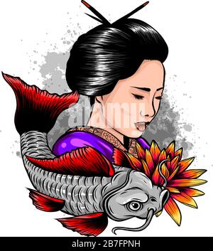 Schöne Geisha Frauen mit koi Karpfenfisch.Hand gezeichnet und doodle style.Japanese Stock Vektor