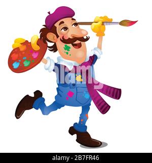 Fröhlicher Künstler mit einer Palette von Farben isoliert auf weißem Hintergrund. Nahaufnahme des Vektor-Cartoons. Stock Vektor