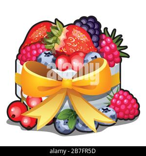 Geschenkschachtel mit natürlicher Dekoration, reifen Beeren und Schleife am Band isoliert auf weißem Hintergrund. Skizze für Grußkarte, Festplakat, Partyeinladung Stock Vektor