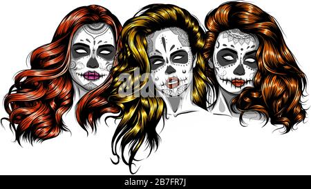 Mädchen mit Skelett bilden Hand gezeichnet Vektor Skizze. Santa muerte Frau Hexe Porträt lieferbar Abbildung: Stock Vektor