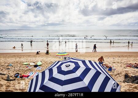 Viele Menschen genießen Sonnenbaden, Surfen und Leben am Noosa Main Beach, Queensland, Australien Stockfoto