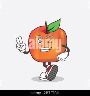 Ein Bild von Honeycrisp Apple Cartoon Maskottchen mit zwei Fingern Stockfoto