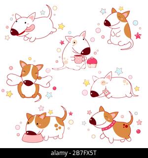 Set mit niedlichen Cartoon-Bullen-Terriern in verschiedenen Posen. Isoliert auf weißem Hintergrund. Sammlung lustiger glücklicher Hunde - laufen, essen, sitzen, schlafen, Stock Vektor