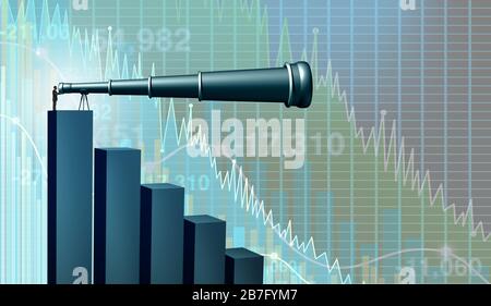 Aussichten für Geschäftsausfälle und Such- oder Wirtschaftsstrategie sowie Börsenkrash oder Wirtschaftsprognose als Finanzberater oder Bankenberater. Stockfoto