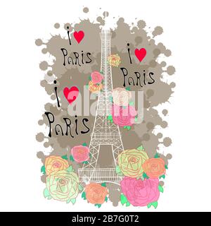 Der Eiffelturm mit Rosen. Vektorgrafiken. Stock Vektor