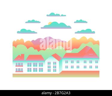 Rural Valley Farm Landschaft auf weißem Hintergrund. Dorf Landschaft mit Ranch in flachem Design Logo. Landschaft mit dem Bauernhof, buildin Stock Vektor