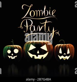 Zombie-Party - Halloween-Karte mit drei Kürbissen Stockfoto