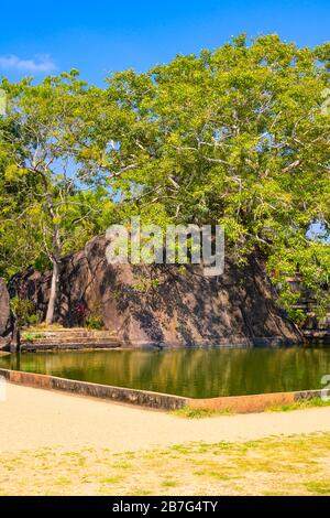 Sri Lanka Anuradhapura Isurumuni Rock Temple Kloster 3 BC gebaut König Devanampiya Tissa heiligen Schrein Wasserbecken Reservoir Gneis Boulder Stockfoto