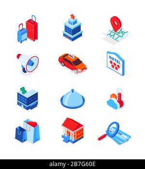 Urlaub und Reisen - moderne isometrische Symbole gesetzt Stock Vektor