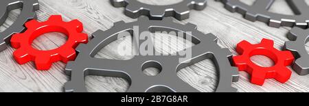 Red Leader Zahnräder Panoramablick auf das Konzept. 3D-Rendering Stockfoto