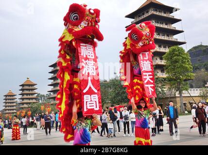 KAOHSIUNG, TAIWAN - 25. JANUAR 2020: Traditionelle chinesische Löwen-Tänzerinnen treten während des chinesischen Neujahrs im buddhistischen Komplex FO Guang Shan auf. Das Chi Stockfoto