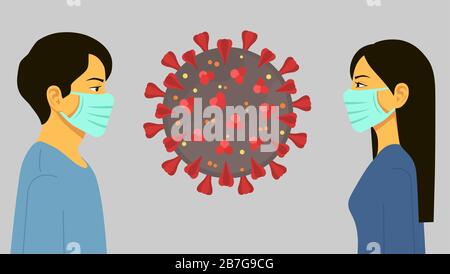 Mann und Frau tragen medizinische Maske, Menschen, die wegen des Coronavirus in Angst und Angst sind. Konzept der Quarantäne von Coronavirus. Menschen in Protectiv Stock Vektor