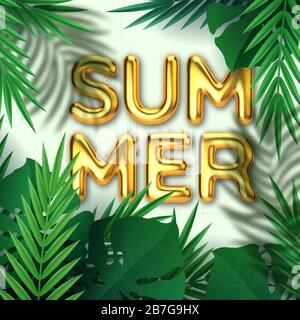 Hallo Sommer, Sommerzeit. Hintergrund tropischer Pflanzen und goldene Aufschrift. Palmenblätter, Dschungelblatt. Realistische 3D-Darstellung. Das Poster für Stock Vektor