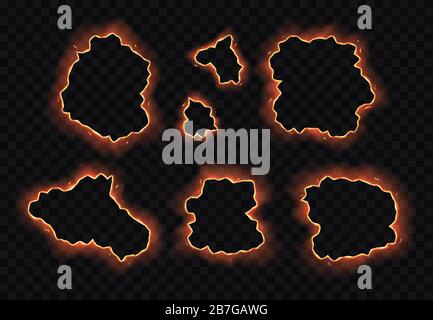Satz brennender Papierlöcher, Kanten, Rahmen mit Brandfunken isoliert auf transparentem Hintergrund. Stock Vektor