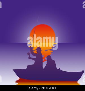 Vektor Illustration Hintergrund Fischer auf dem Boot fischt bei Sonnenuntergang. Angeln bei Sonnenaufgang. Stock Vektor