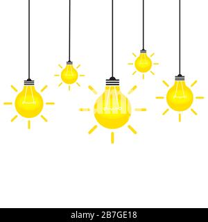Satz hängende Glühbirnen. Hintergrund der Glühbirnen. Vektorgrafiken. Set mit abstrakten Glühlampen. Ideenkonzept. Stock Vektor