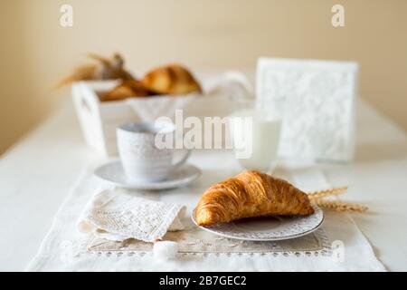 Frühstück mit frisch gebackenen Croissants - selektiver Fokus, Kopierbereich Stockfoto