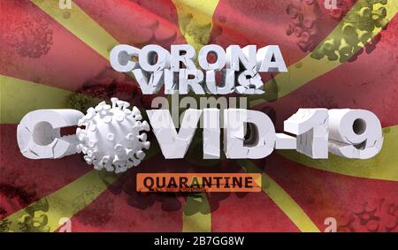 Coronavirus-Krankheit COVID-19 Infektionskonzept auf dem schwenkenden Nationalflaggen Nordmazedoniens. Äußerst detailgetreue 3D-Nahrender. Stockfoto