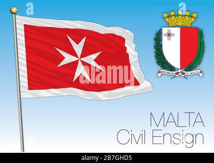 Offizielle Zivilfahne und Staatswappchen Maltas, Europäische Union, Vektorgrafiken Stock Vektor