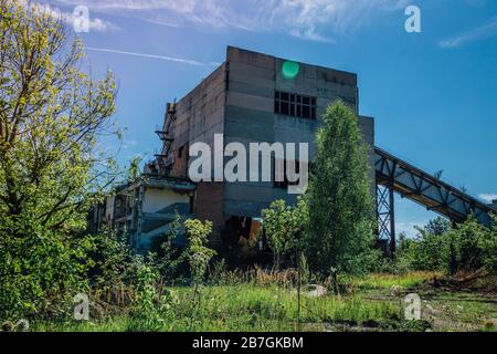 Alte überwucherte verlassene Fabrik aus Stahlbeton Stockfoto