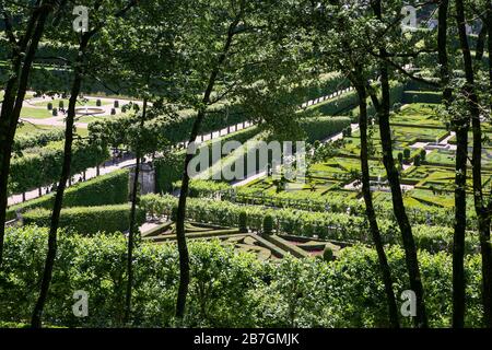 Beeindruckende Aussicht durch Bäume zu den formalen Gärten von Chateau de Villandry, Loire-Tal, Frankreich Stockfoto
