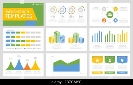 Satz gelber, orangefarbener, grüner und blauer Elemente für Folien mit Vorlagen für Mehrzweckpräsentationen mit Diagrammen und Diagrammen. Stock Vektor