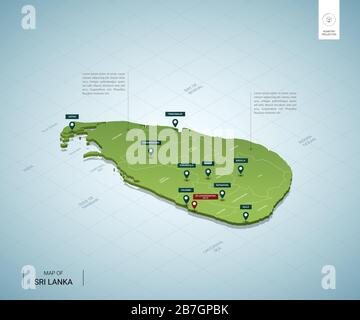 Stilisierte Karte von Sri Lanka. Isometrische 3D-Grünkarte mit Städten, Grenzen, Hauptstadt, Regionen. Vektorgrafiken. Editierbare Ebenen, die deutlich beschriftet sind. Englis Stock Vektor
