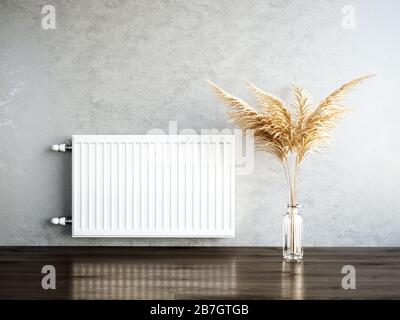 Heizkörper aus Metall, weißer Strahler an der Wand in einer Wohnung mit den Pampas. 3D-Rendering-Abbildung Stockfoto