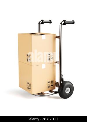 Zwei Versandkartons auf dem Handwagen eines Paketdienstes. 3D-Rendering-Abbildung Stockfoto