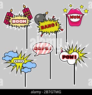 Fotostand props Speech Bubbles Kit. Geburtstags- und Party-Zubehör-Set. Kann für Hochzeit und Termine verwendet werden. Vektorgrafiken. Stock Vektor