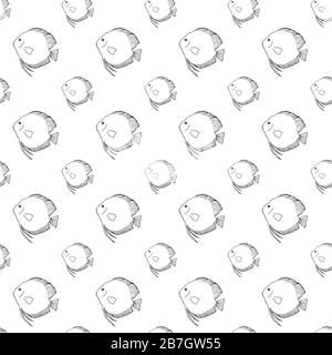 Nahtloses Muster für Diskusfische. Skizze der Handzeichnung. Schwarzer Umriss auf weißem Hintergrund. Vektorgrafiken können in Grußkarten, Postern, Flyern, Bannern, Logos, weiterem Design usw. verwendet werden. EPS10 Stock Vektor