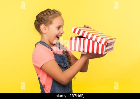 Portrait des freudvollen neugierigen kleinen Mädchens mit Geflecht in Denim-Overalls, das in Geschenkbox und Lachen aus dem Glück pinkelt und dabei die beste Überraschung genießt, Feiertag B. Stockfoto