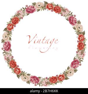 Kränze oder kreisförmige Rahmen aus stilisierten Retro-Blumen isoliert auf weißem Hintergrund Stock Vektor